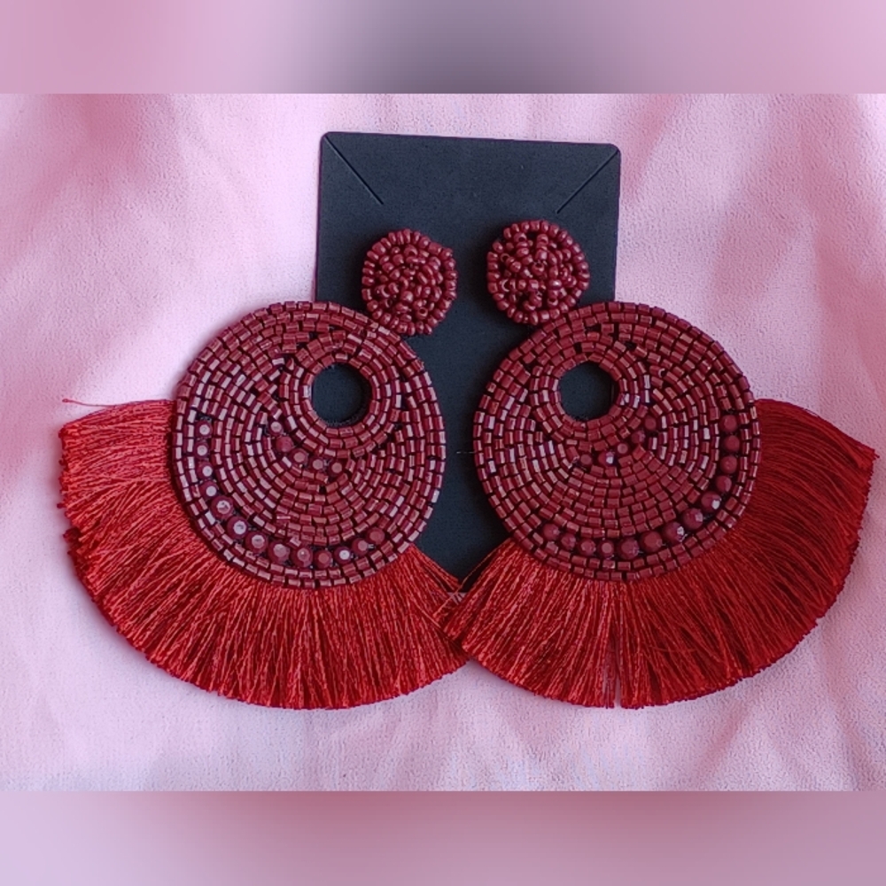 Elegant Red Beaded Fringe Earrings